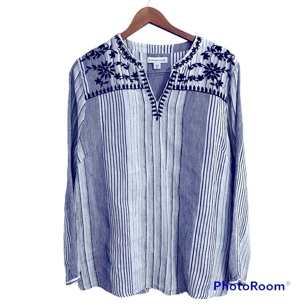 Coldwater Creek 100% Linen Long Sleeved Women’s XL Tunic Embroidered Yolk